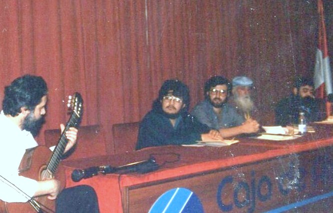 7 Quini, Pacheco, Alencart, Adares y Santoloya, durante el homenaje en Caja Duero (Foto de Jacqueline Alencar, 1988)