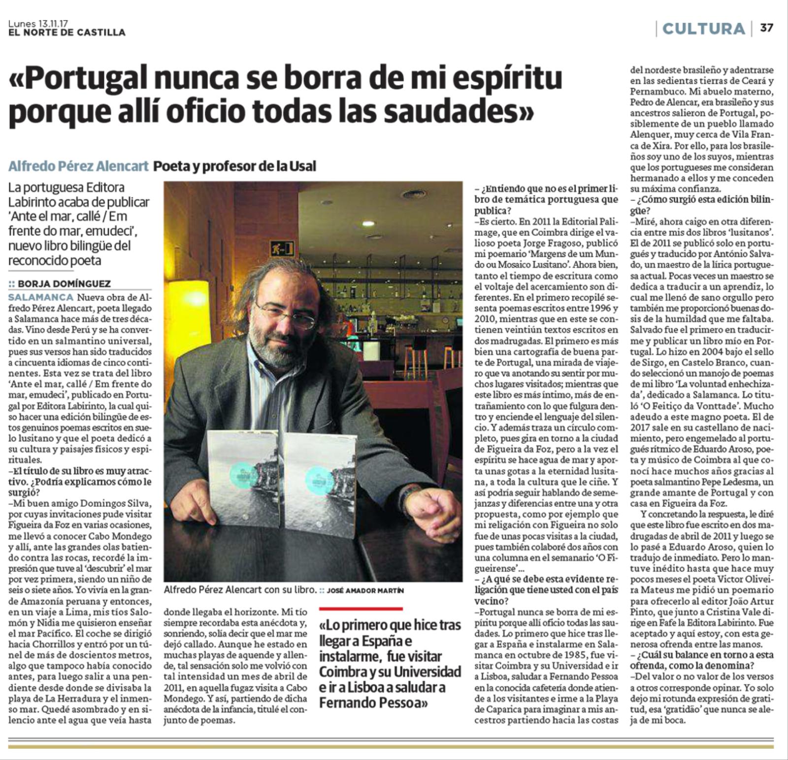 11 Ante el mar, callé, Entrevista a A. P. Alencart (El Norte de Castilla)