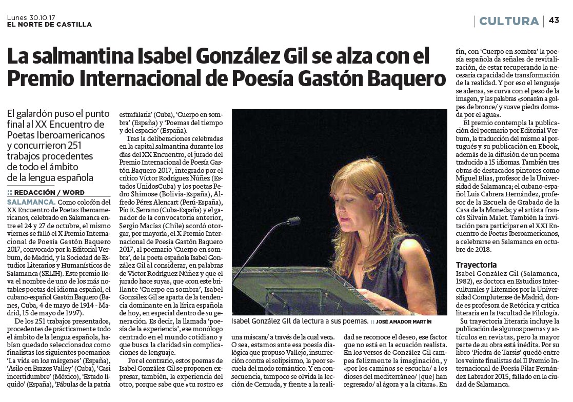 17 Premio Gastón Baquero para la salmantina Isabel González Gil (El Norte de Castilla)