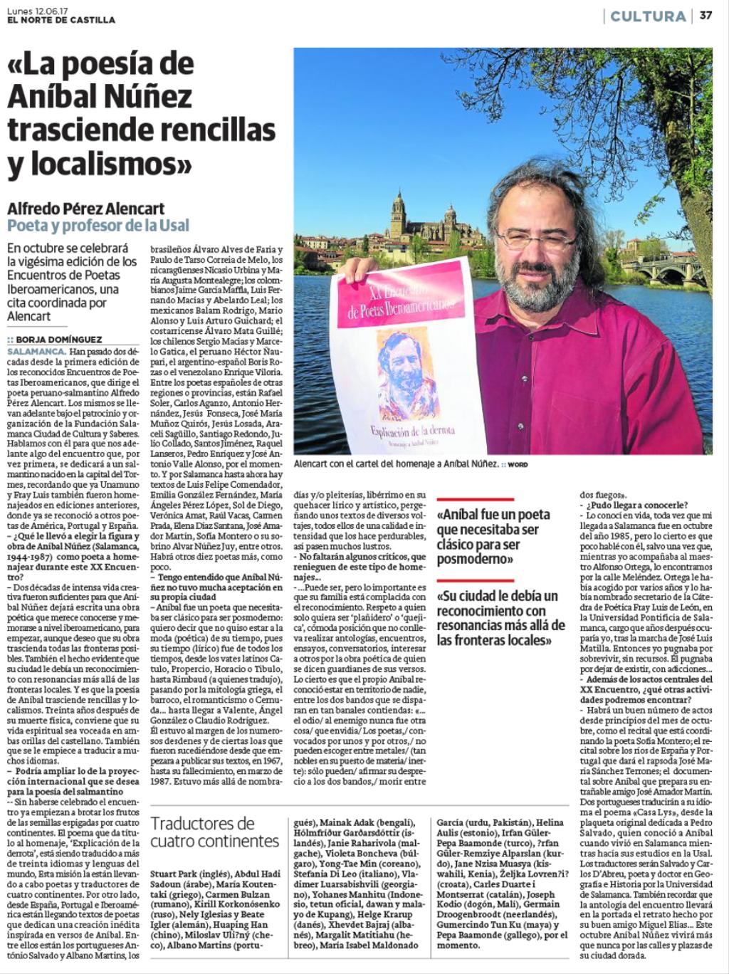 5 Entrevista a A. P. Alencart sobre el homenaje a Aníbal Núñez (El Norte de Castilla)