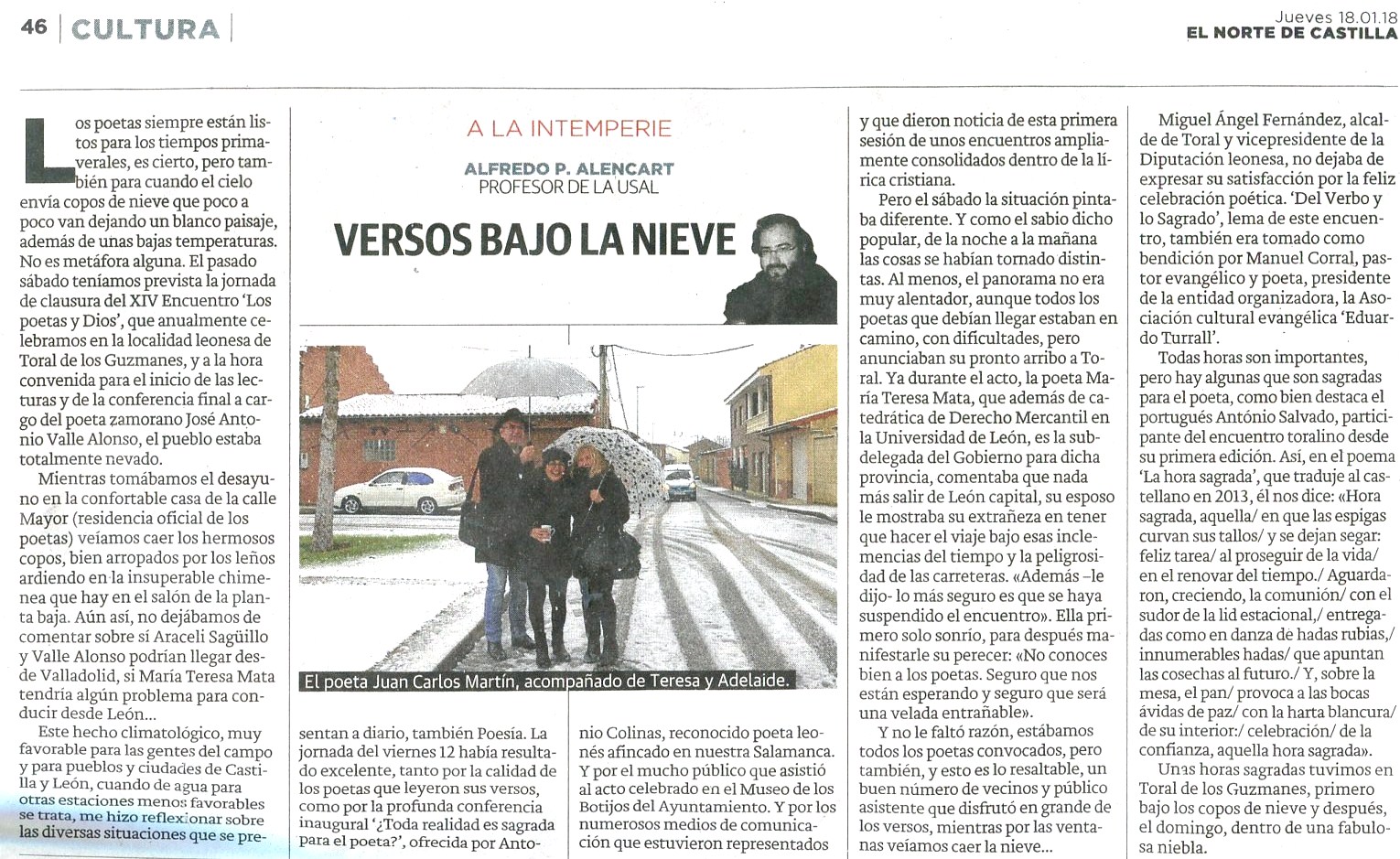 21 Versos bajo la nieve (El Norte de Castilla 18-1-2018) Artículo de A. P. Alencart